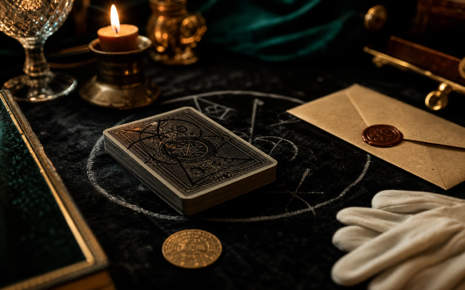 Close-up magic evidence table with cards and brass coin