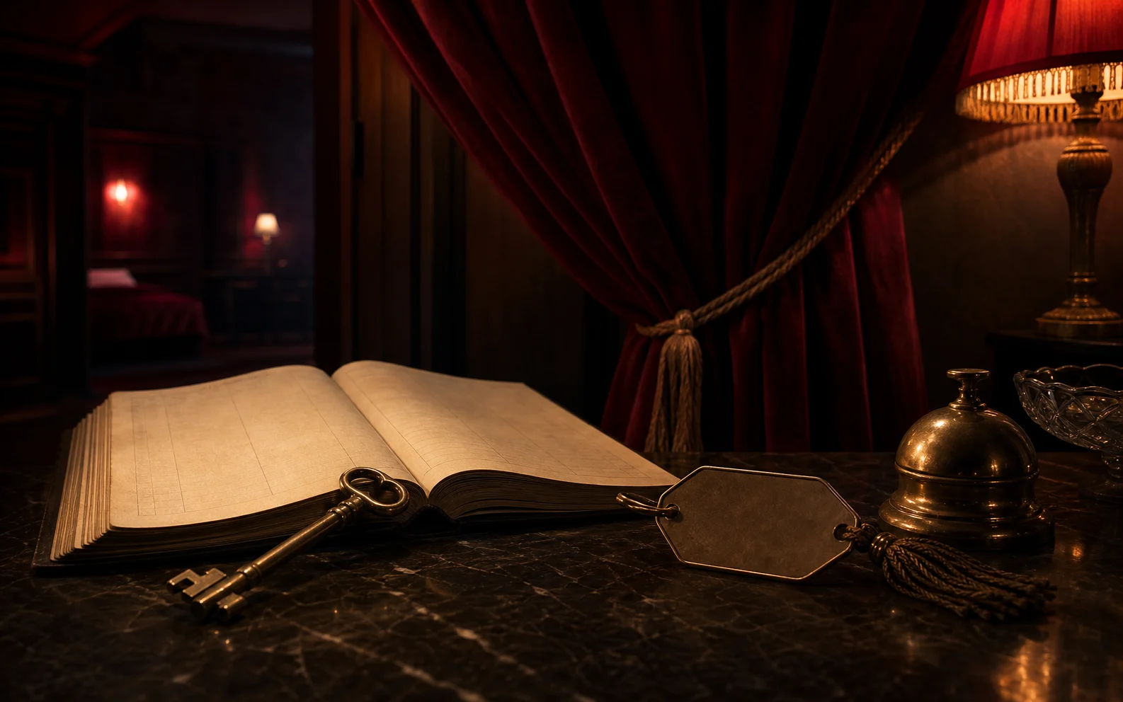 Midnight hotel key and guest ledger