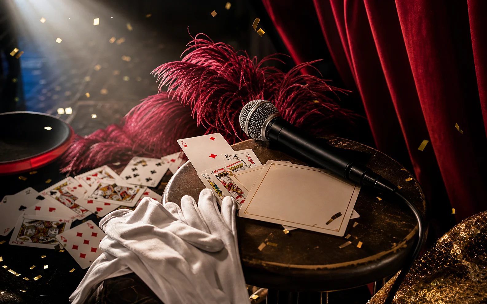 Variety show cards, microphone, and stage objects